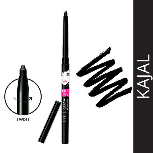 Elle 18 Eye Drama Kajal, Super Black, Smudgeproof & Waterproof, 0.35 G, Matte Finish Pencil (Pack Of 2)