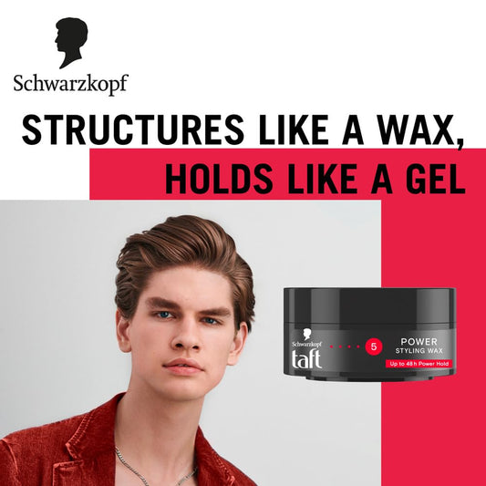 Schwarzkopf TAFT Power Hair Wax For Luminous Shine And Glossy Hair, Hold 5 Lasts 48 Hours, Easy to Wash Out With No Stickiness, For All Hair Types, No Greasy Residue - 75ML