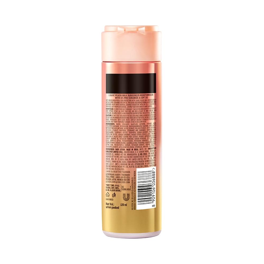 Lakme Peach Milk Moisturiser SPF 30 with 2% Pro-Ceramide | Daily UV Defense, Hydrating & Skin Barrier Repair Face Cream | Lightweight, For Dry, Normal, Oily & Sensitive 120ml