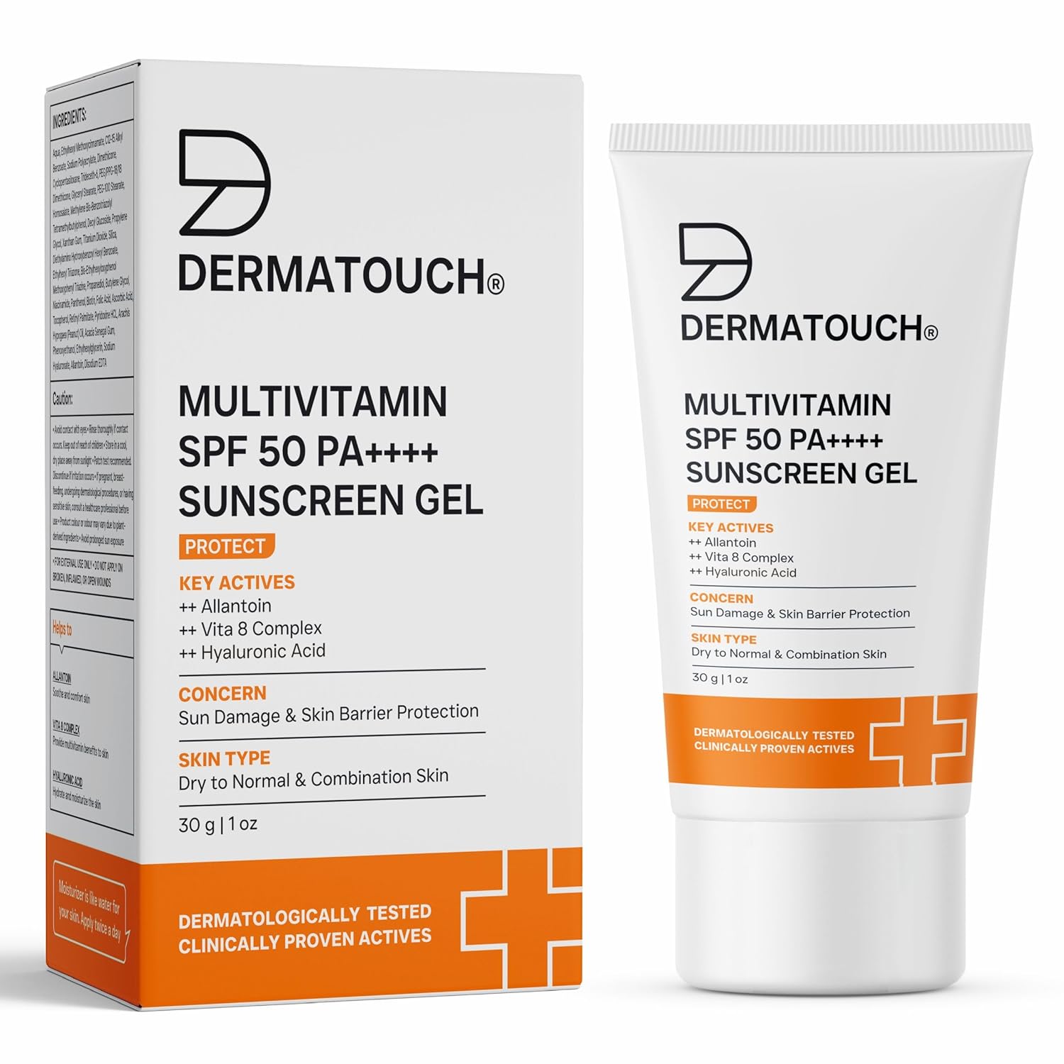 DERMATOUCH Multivitamin SPF 50 PA++++ Sunscreen Gel | Broad Spectrum UVA-UVB Protection | Zero White Cast | Helps Reduce Sun Damage & Skin Barrier Protection | For All Skin Types | 30g