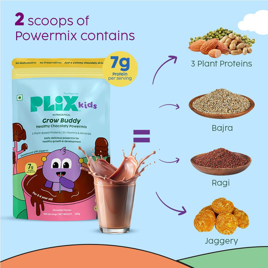 PLIX™ Kids GrowBuddy Chocolaty Powermix | 7g Protein | 20 Vitamins & Minerals | Ragi & Bajra | Supports Overall Health & Development | Healthier Growth & Stronger Bones | Best Protein Powder for Kids | Chocolate Flavour