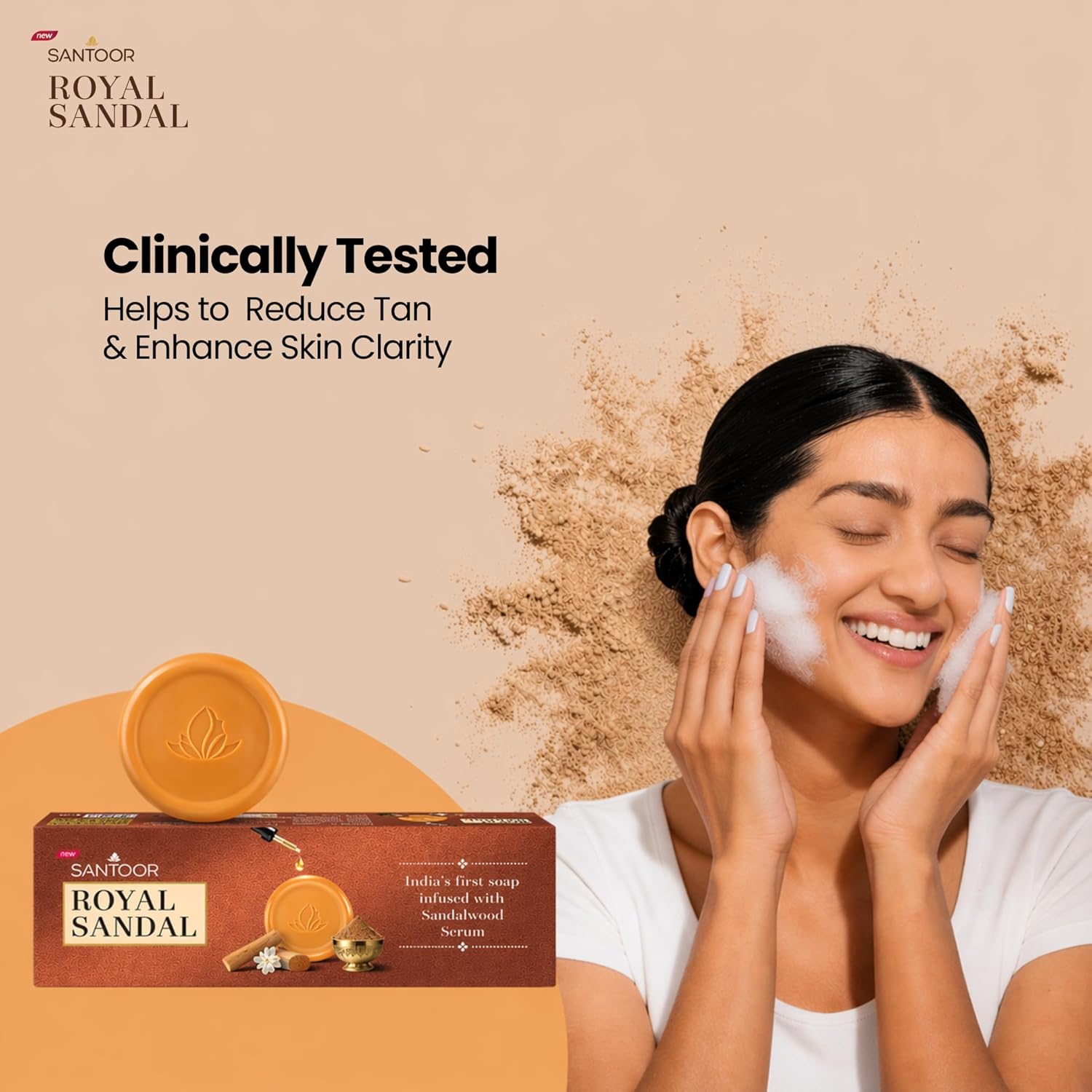 Santoor Royal Sandal Soap | Infused with Sandalwood Serum | Tan Removal | 100% Pure Sandalwood Oil & Powder | Helps Reduce Tan for Even-Toned, Glowing Skin | 150g x 3 Soaps