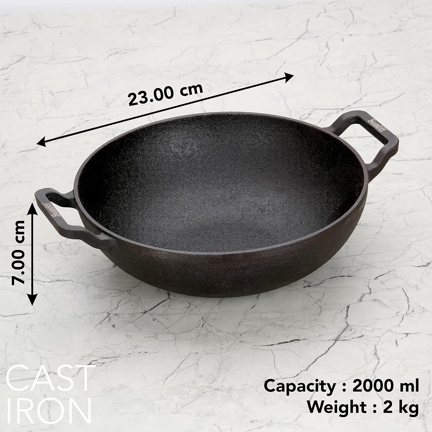 Sumeet Pre Seasoned Heavy Weight Cast Iron Deep Kadai, Induction Friendly, 23cm, 2000ml, Weight - 2Kg, Black