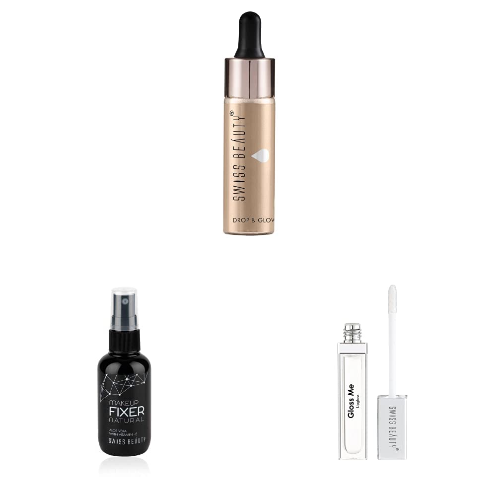 SWISS BEAUTY Drop &glow Liquid Highlighter, Face MakeUp,gold, 18ml & Swiss Beauty MakeUp Fixer, White, 50 ml & SWISS BEAUTY Metallic Lipglossgloss ME, Lip MakeUp, White, 6ml