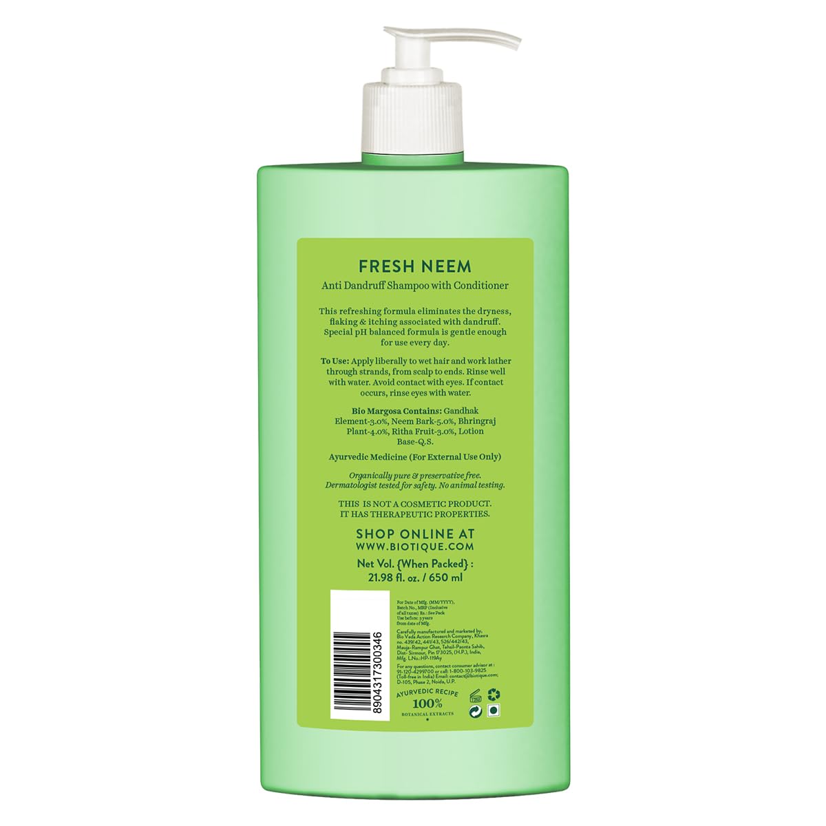 Biotique Fresh Neem Anti Dandruff Shampoo and Conditioner | Controls Dandruff | Eliminates Dryness, Flaking, and Itching | 650 ml