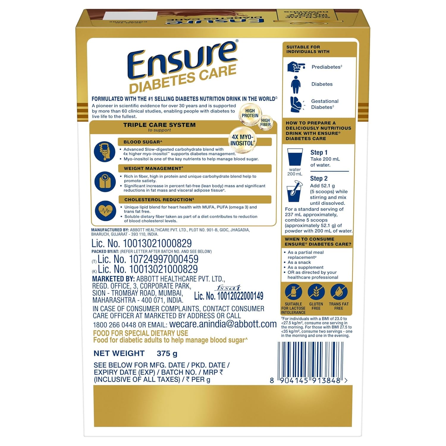 Ensure Diabetes Care Powder Chocolate Flavour - Refill - 375 gm