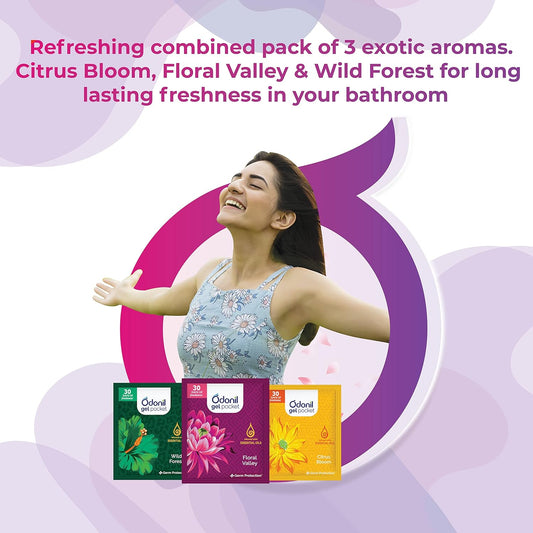 Odonil Gel Pocket Mix - 30g (Assorted pack of 3 new fragrances) | Air Freshener for Bathroom, Toilet, Home & Office