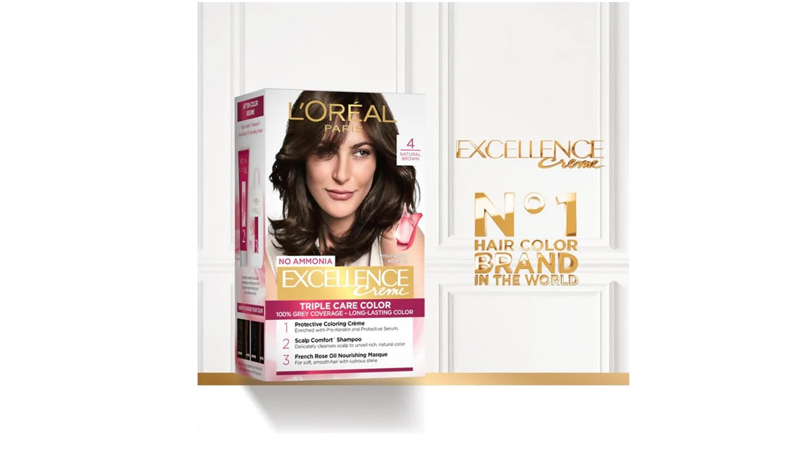 LOreal Paris Excellence Creme Hair Color, 4 Natural Brown - 72ml+100g