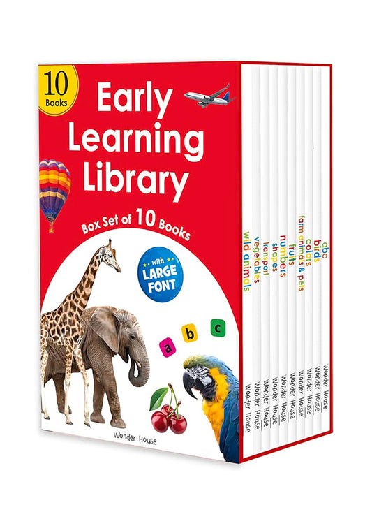 Early Learning Library – Box Set of 10 Books: Big Board Books Series with Large Font for Kids | Includes ABC, Numbers, Shapes, Colours, Birds, Wild Animals, Farm Animals & Pets, Fruits, Vegetables, Transport | Bold Text & Bright Pictures |  Board book