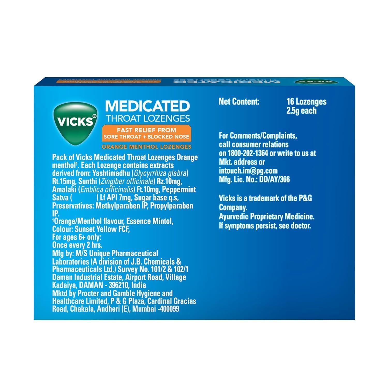 Vicks Medicated Throat Lozenges, 16 Lozenges, Orange Menthol Flavor, Fast Sore Throat & Blocked Nose Relief, Portable and Effective, Essential for On-the-Go Cough and Cold Comfort