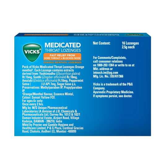 Vicks Medicated Throat Lozenges, 16 Lozenges, Orange Menthol Flavor, Fast Sore Throat & Blocked Nose Relief, Portable and Effective, Essential for On-the-Go Cough and Cold Comfort