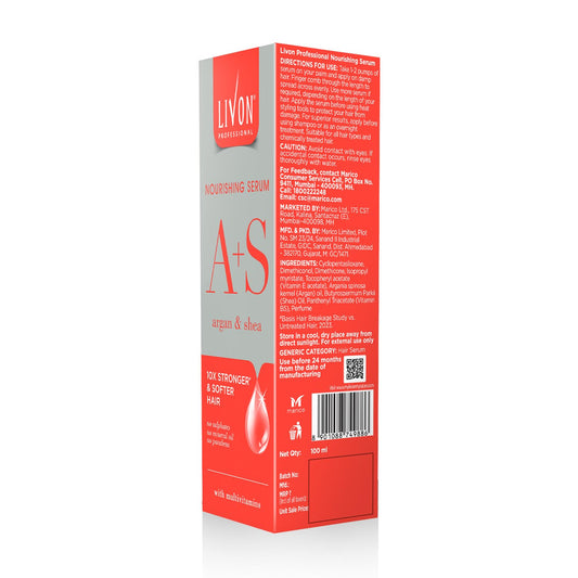 Livon Professional Nourishing Serum for Women & Men | With Argan, Shea & Multivitamins | For Softer, Stronger & Frizz-free Hair | No Paraben, Sulphate or Mineral Oil | All Hair Types | 100ml