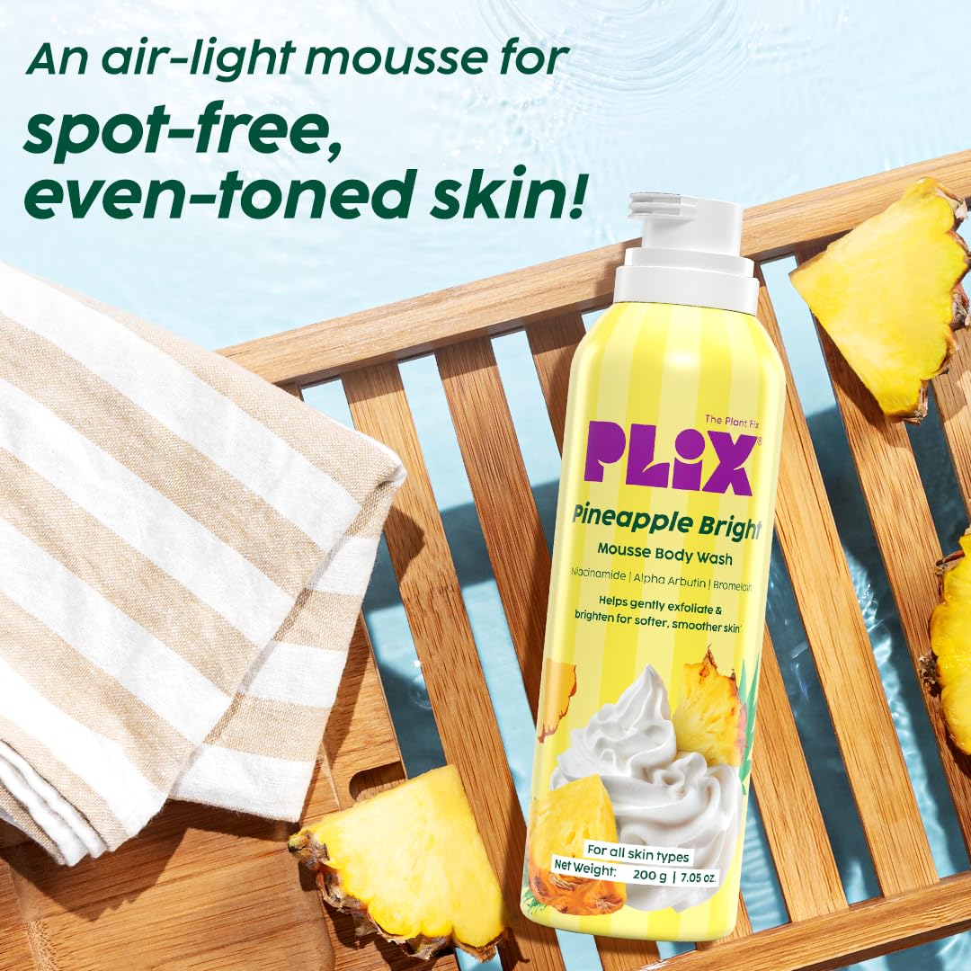 PLIX THE PLANT FIX Pineapple Bright Mousse Body Wash | Foamy mousse wash for Even-Toned Skin | Gentle Exfoliation | Niacinamide (Vitamin B3) | Alpha Arbutin | For Men & Women