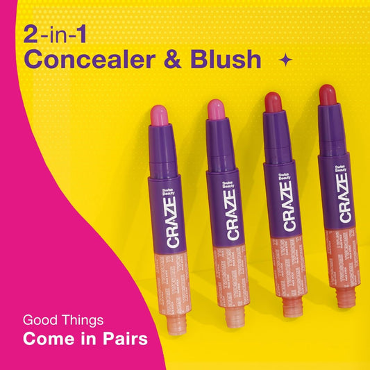 Swiss Beauty CRAZE Twosome Lightweight Face Stick | 2-in 1 Liquid Concealer and Creamy Blush | Shade- 1- Fair/Rose, 9.4gm |