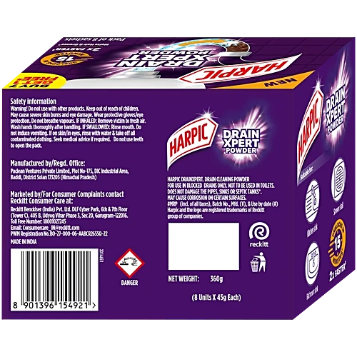 Harpic Drain Xpert Cleaning Powder, 360 g (8 x 45 g)