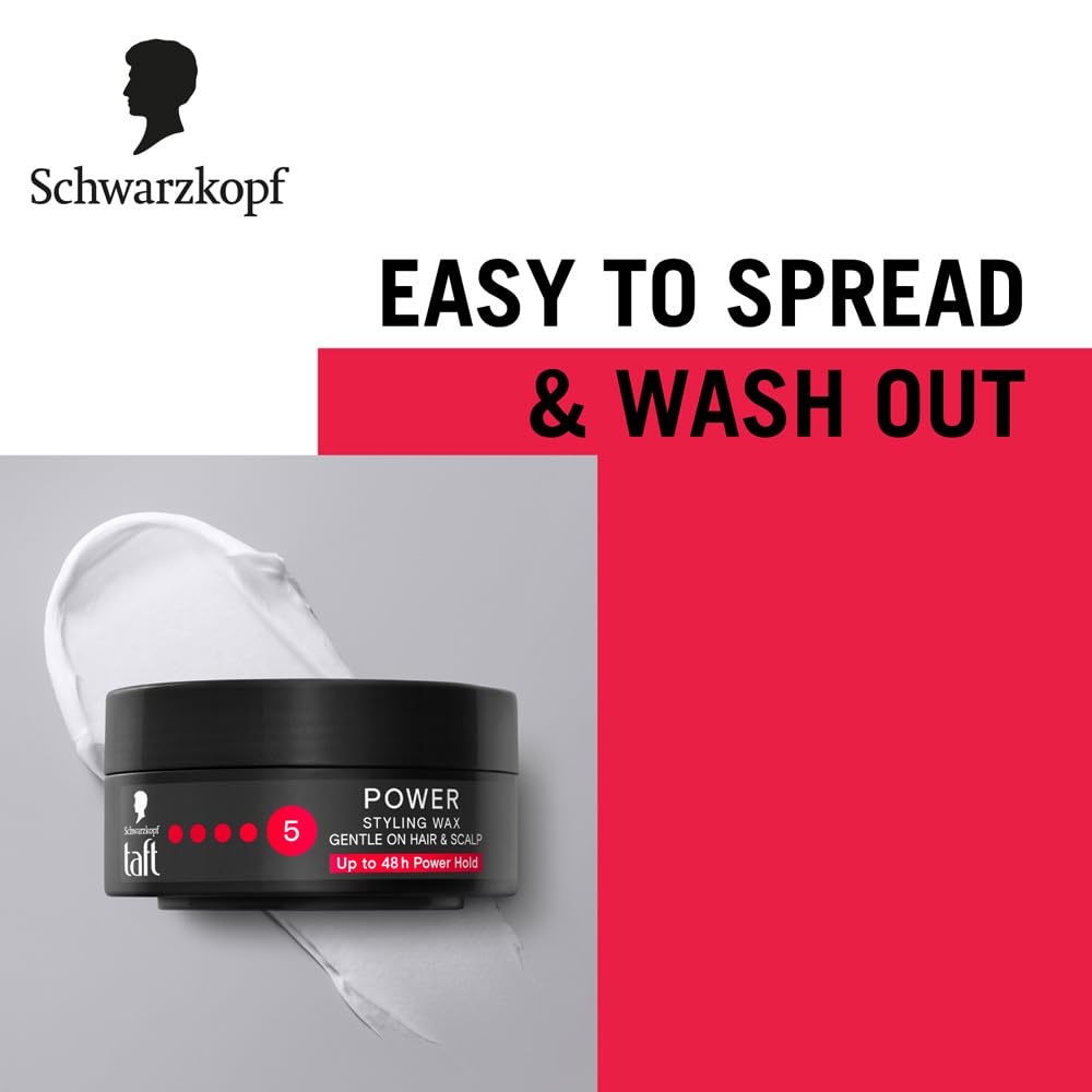 Schwarzkopf TAFT Power Hair Wax For Luminous Shine And Glossy Hair, Hold 5 Lasts 48 Hours, Easy to Wash Out With No Stickiness, For All Hair Types, No Greasy Residue - 75ML