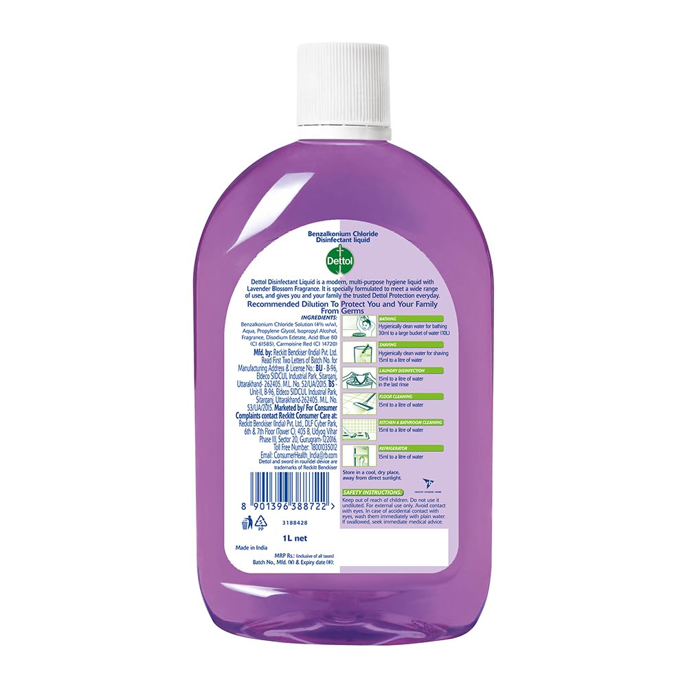 Dettol Multi-Purpose Disinfectant Liquid for Floor & Surface Cleaning, Lavender Blossom Fragrance, 1 L