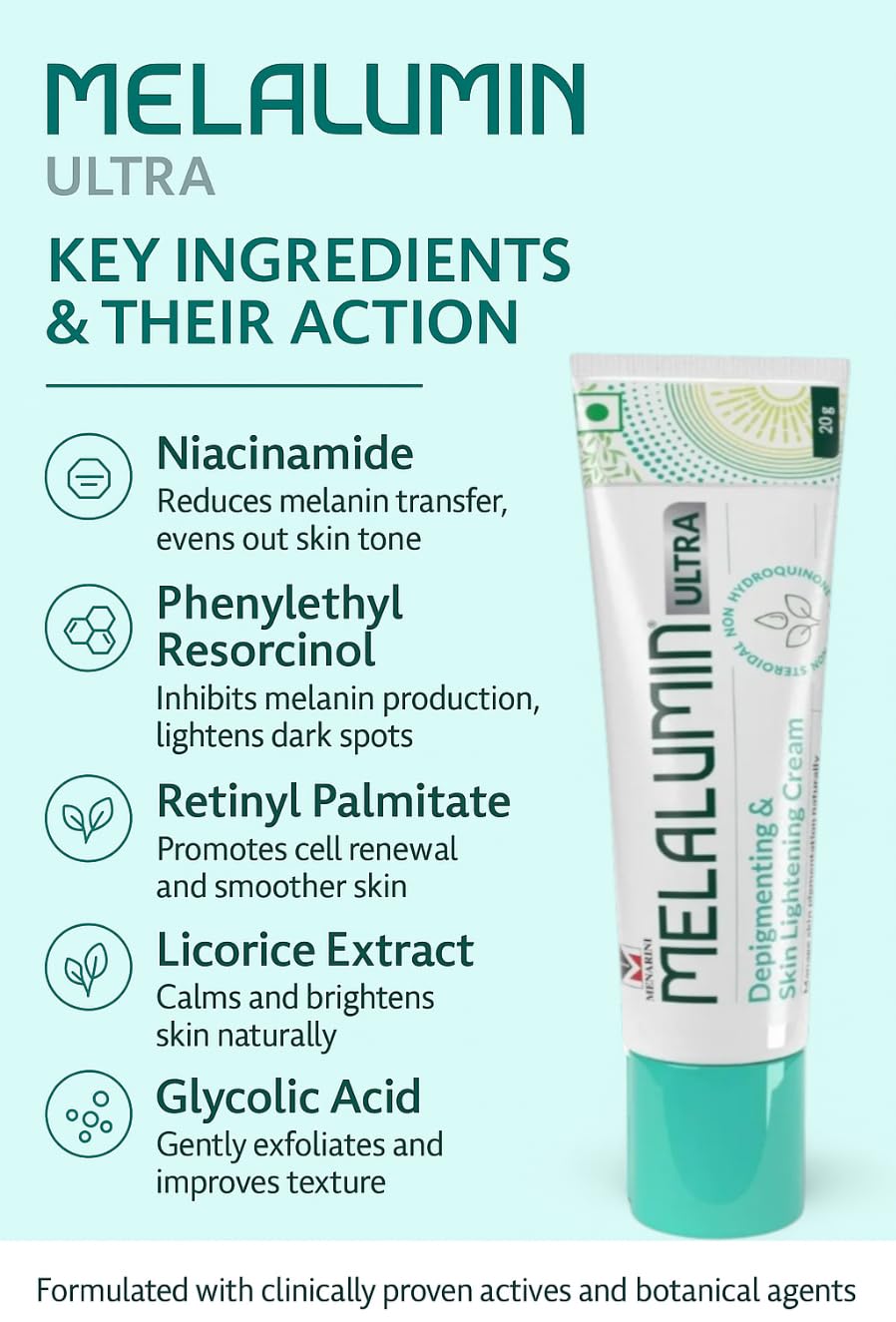 Melalumn Ultra Advanced Depigmenting - Fastest Skin Lightening cream and Radiance-Enhancing Cream with Niacinamide, Glycolic Acid, Kojic Acid, and Arbutin for Hyperpigmentation Treatment and Even Skin Tone, 20g