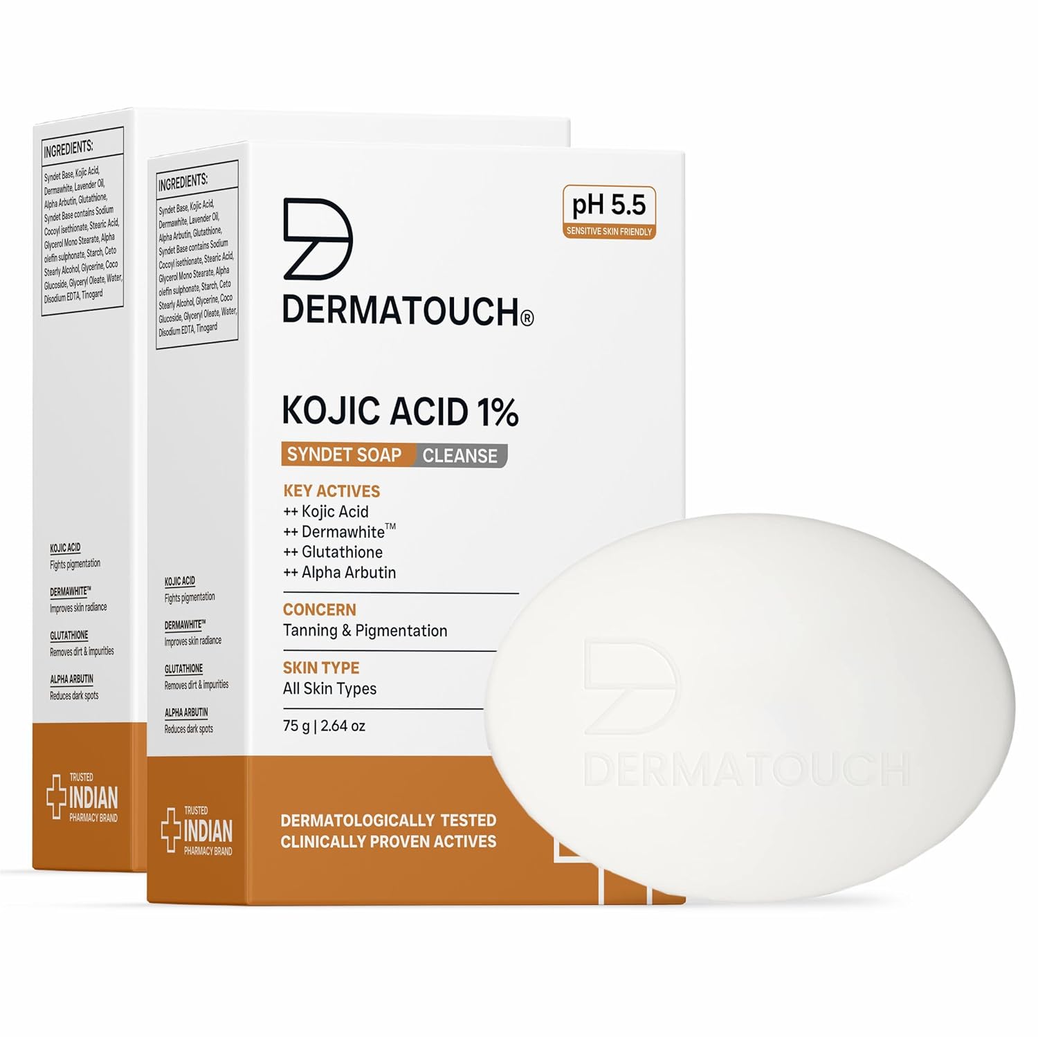 DERMATOUCH Kojic Acid 1% Soap with Glutathione & Alpha Arbutin |For Tan, Brightening, Dark Spots & Pigmentation | pH 5.5 Balanced Syndet Bar | Dermatologist Tested | For Men & Women | 75g