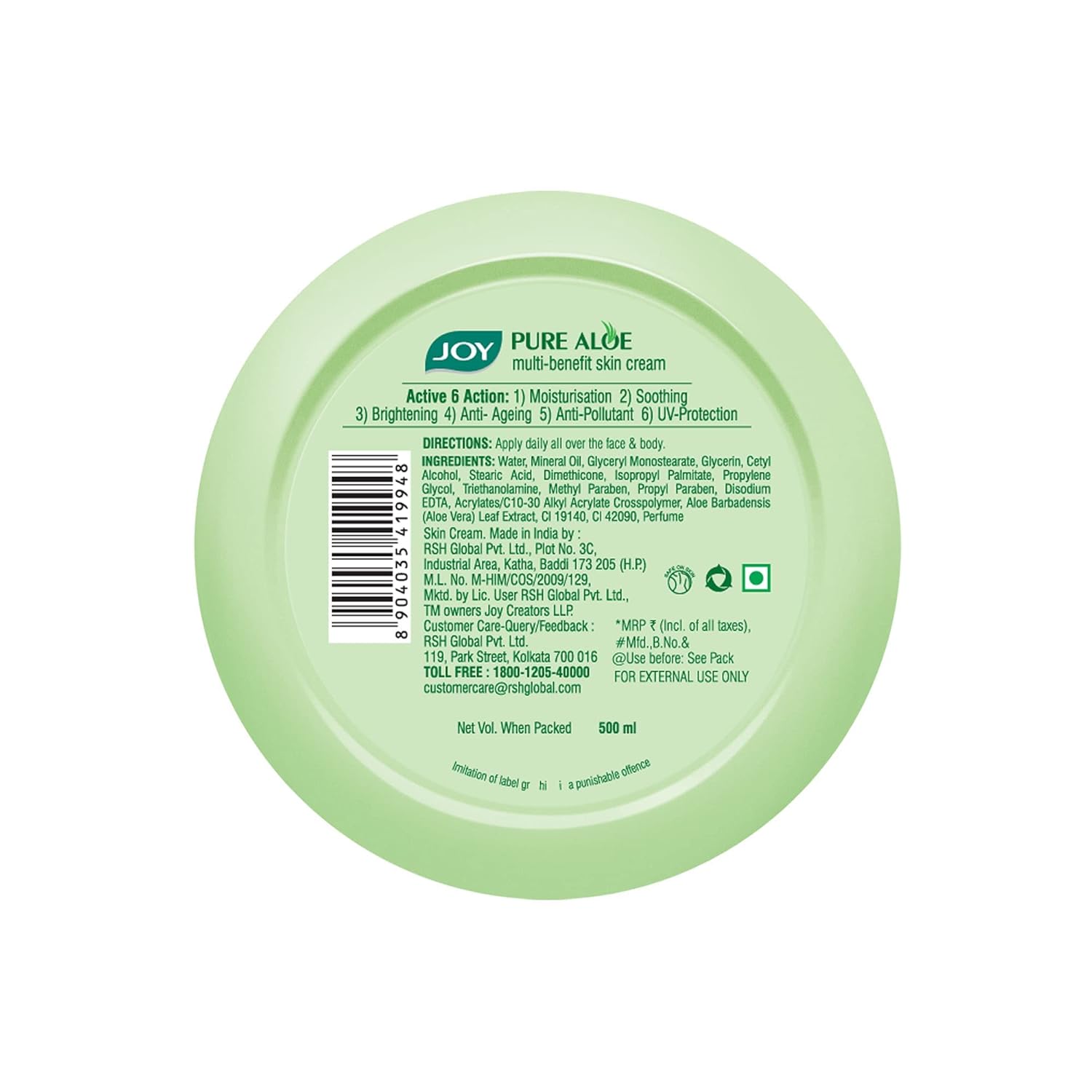 Joy Pure Aloe Light Moisturiser Skin Cream for Face, Hands & Body (500ml)