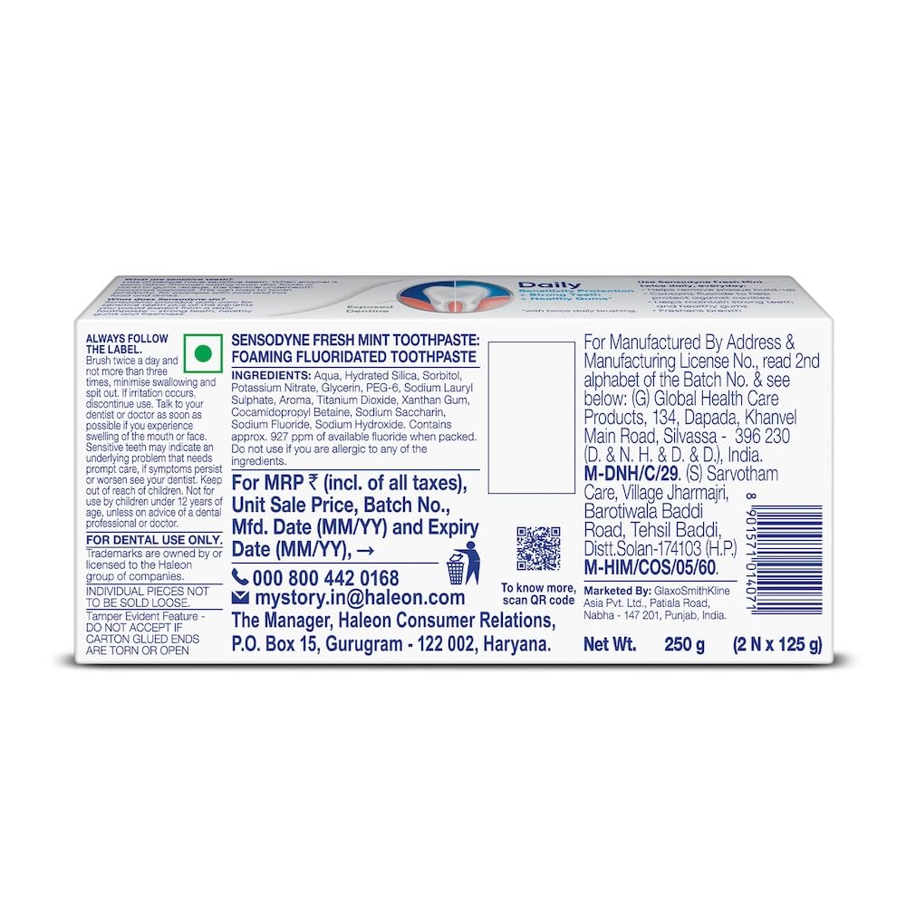 Sensodyne Toothpaste Fresh Mint|Daily Sensitivity Relief Tooth Paste Combo Pack - 250gm (125gm x 2) |