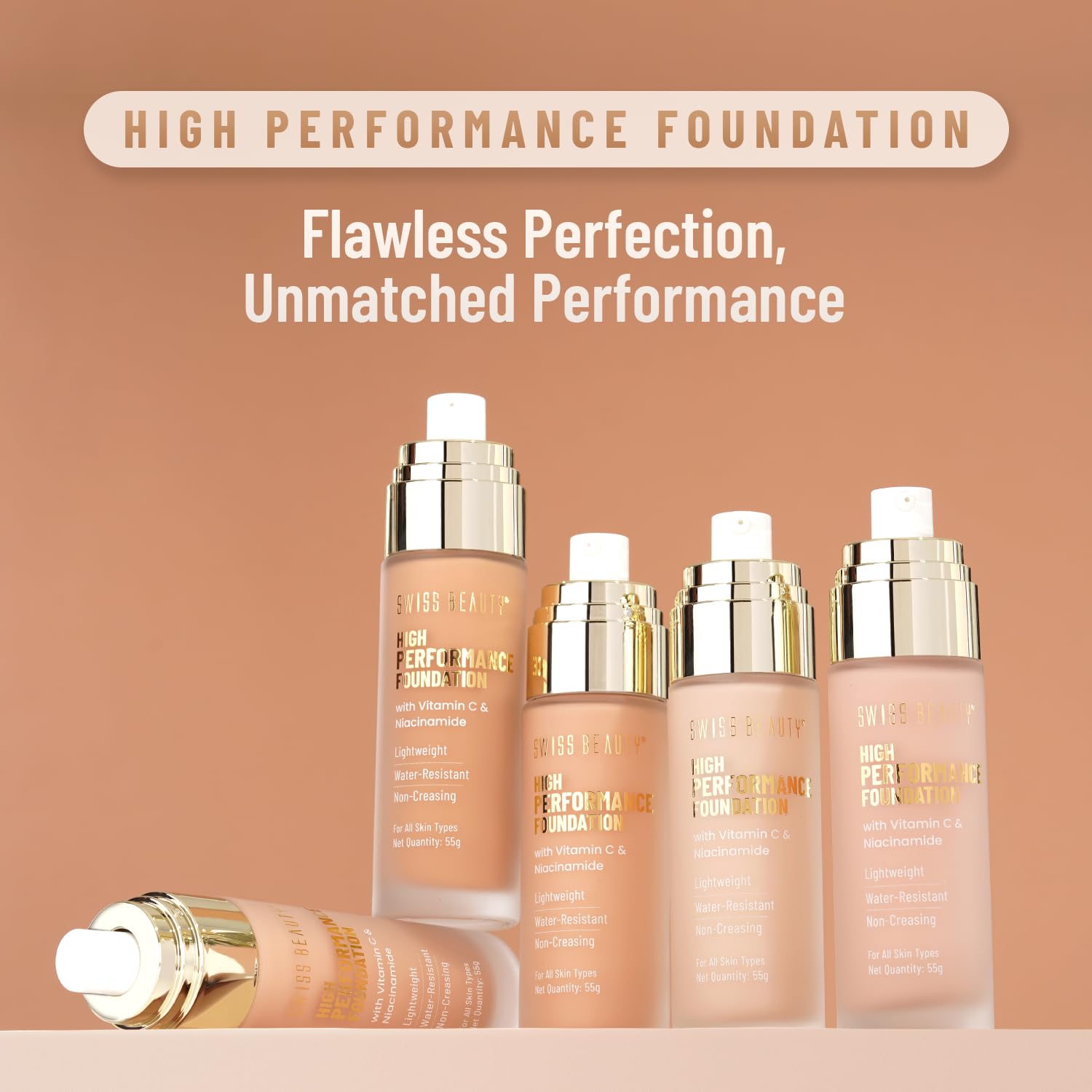 Swiss Beauty High Performance Foundation | Water-Resistant | Medium To Buildable Coverage Liquid Dewy Finish | Lightweight | Easy To Blend | With Vitamin C & Niacinamide | 04 Natural Nude, 55G