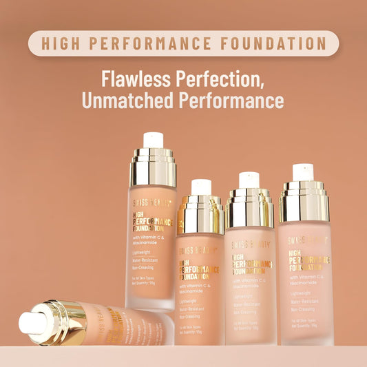 Swiss Beauty High Performance Foundation | Water-Resistant | Medium To Buildable Coverage Liquid Dewy Finish | Lightweight | Easy To Blend | With Vitamin C & Niacinamide | 04 Natural Nude, 55G