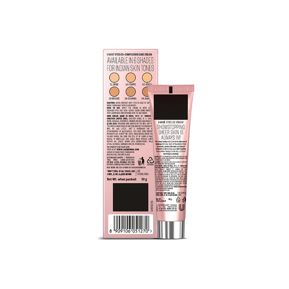 Lakme 9 to 5 CC Cream Beige with 3% Niacinamide Complex SPF30 PA++ | 90% lightweight moisturizing cream for Care & 10% Foundation for Care |Conceals Dark Spots| Brightens Skin |30 g