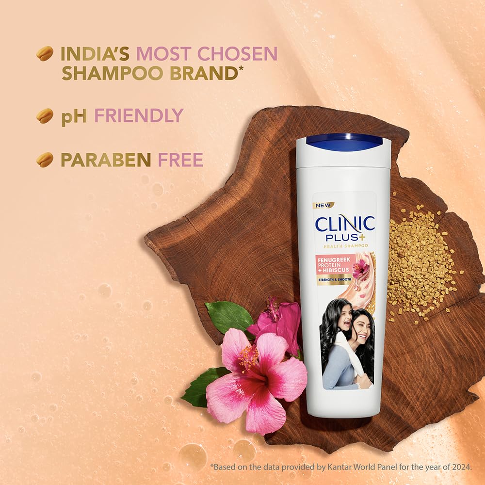 Clinic Plus Strength & Smooth Shampoo, Fenugreek Protein + Hibiscus for Hair Strengthening and Smoother Hair, 650 ml