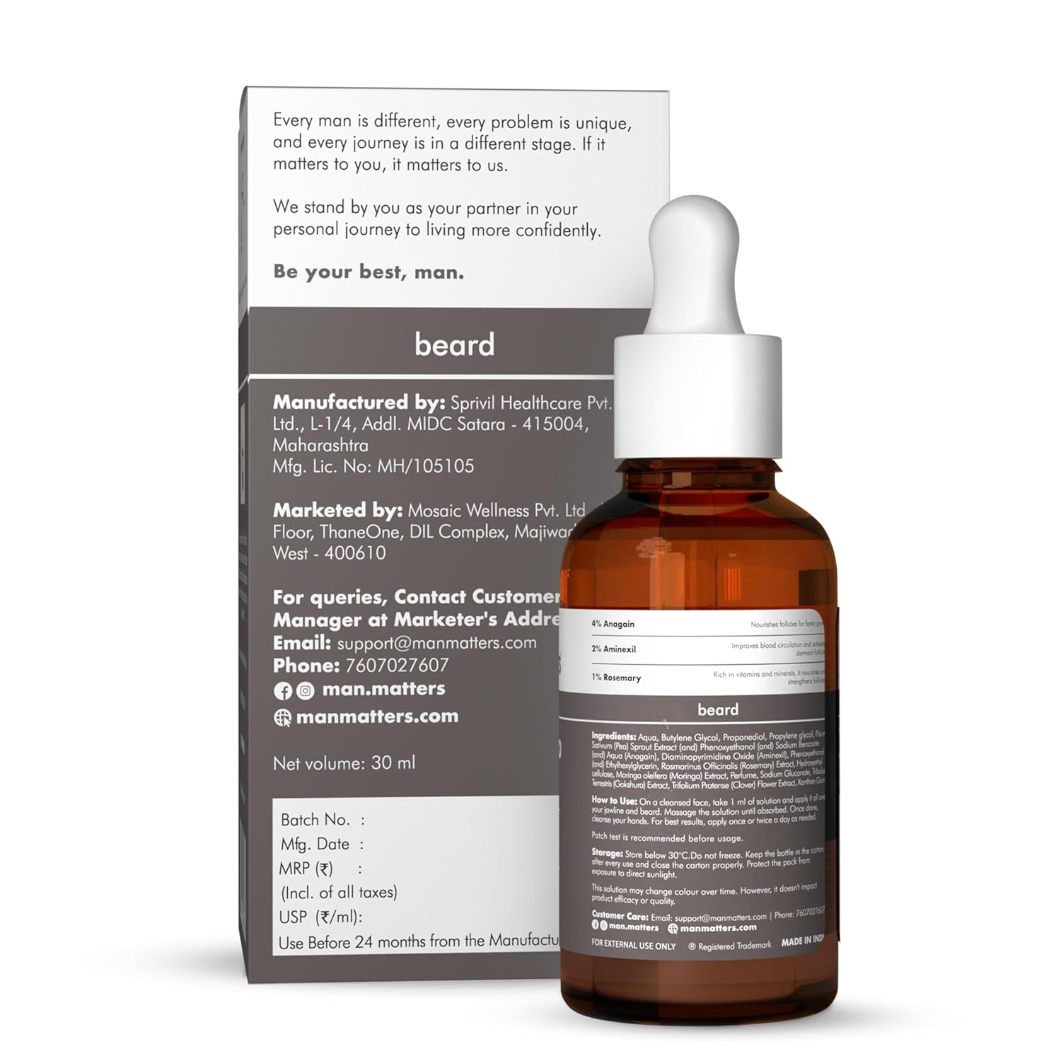 Man Matters BeardGro Beard Growth Serum for Men 30ml | 4% Anagain, 2% Aminexil, 1% Rosemary | Reduces Patchy Beard, Promotes Thicker Beard Growth | Lightweight and Fast Absorption