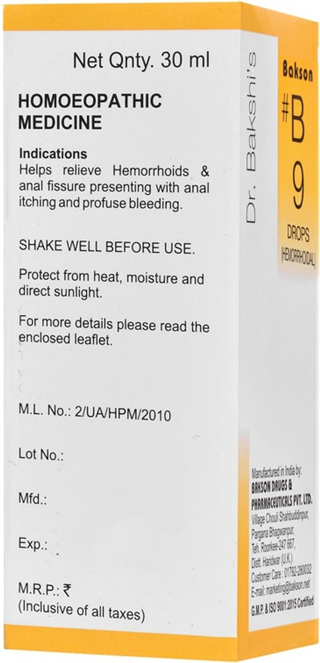 Bakson's Homeopathy B9 Hemorrhoidal Drops - 30 ml